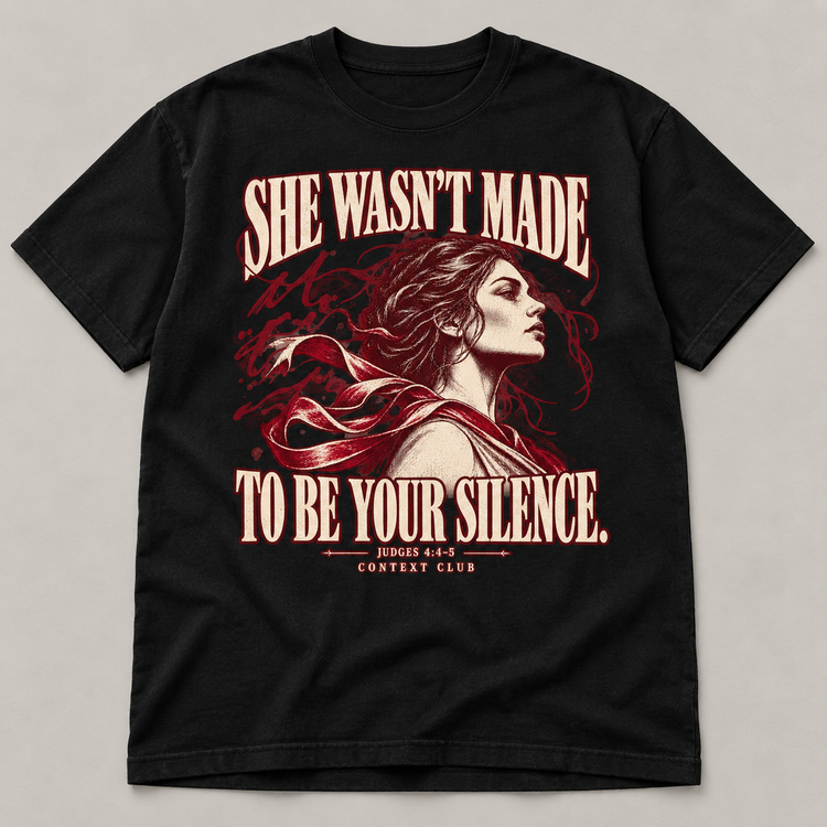 Concept mockup of black shirt with ivory and burgundy She Wasn't Made to Be Your Silence design